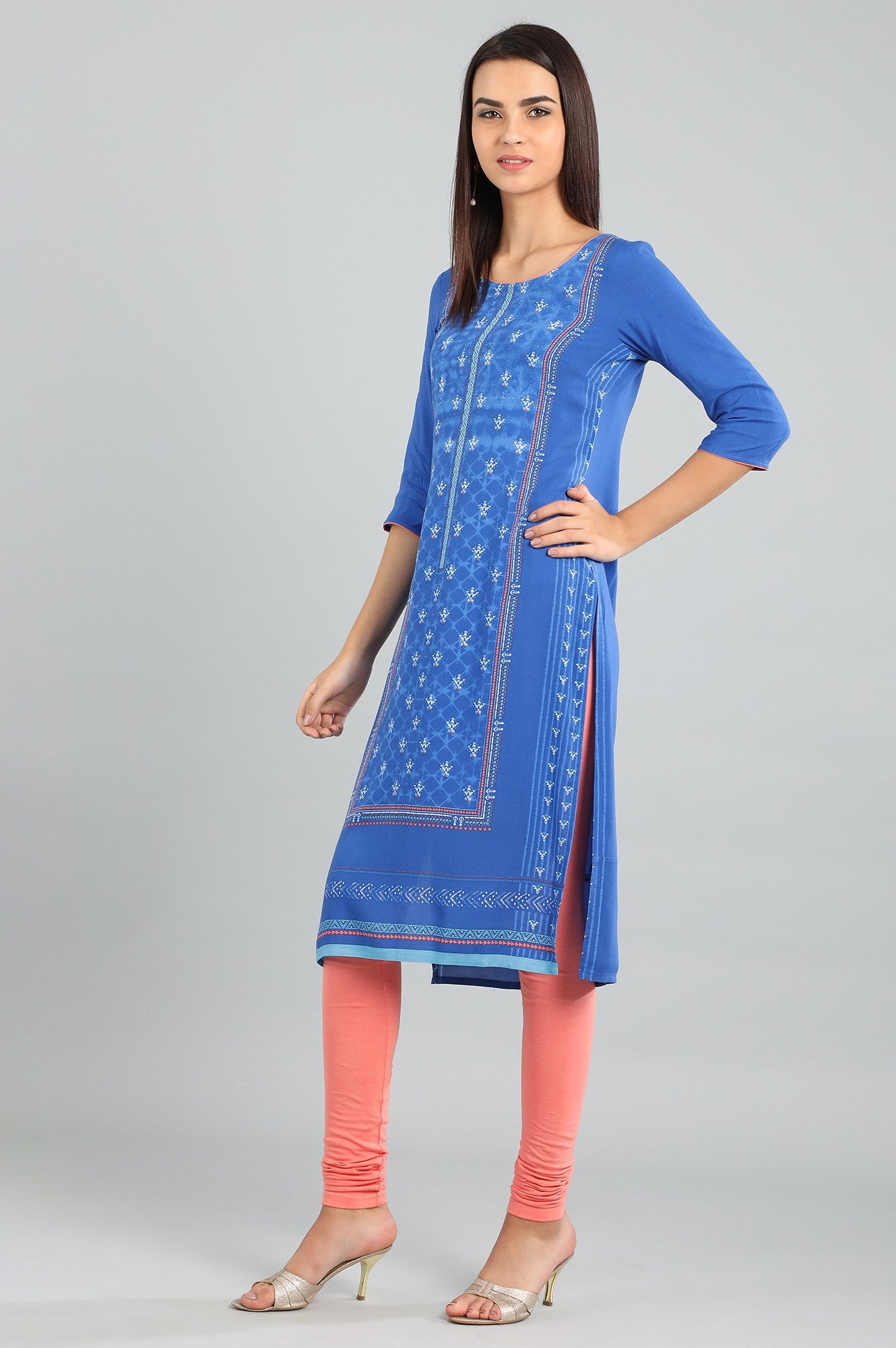 Blue Round Neck Printed kurta