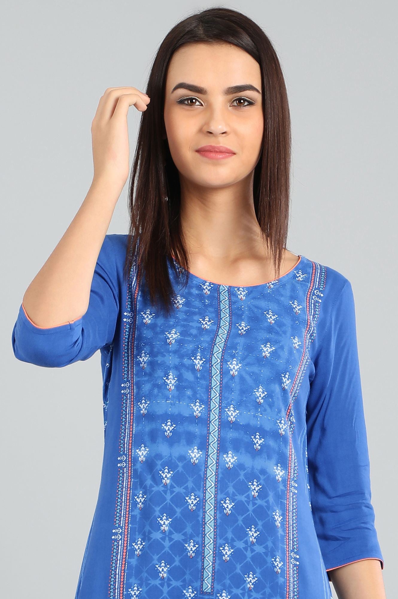 Blue Round Neck Printed kurta