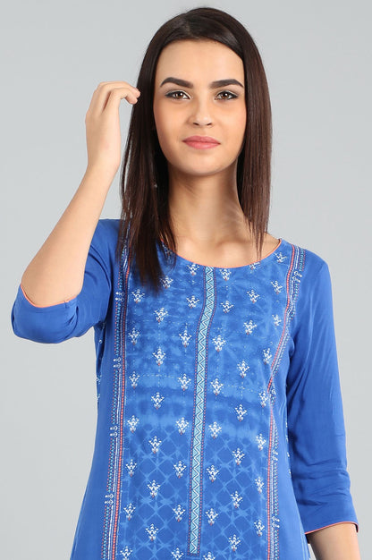 Blue Round Neck Printed kurta