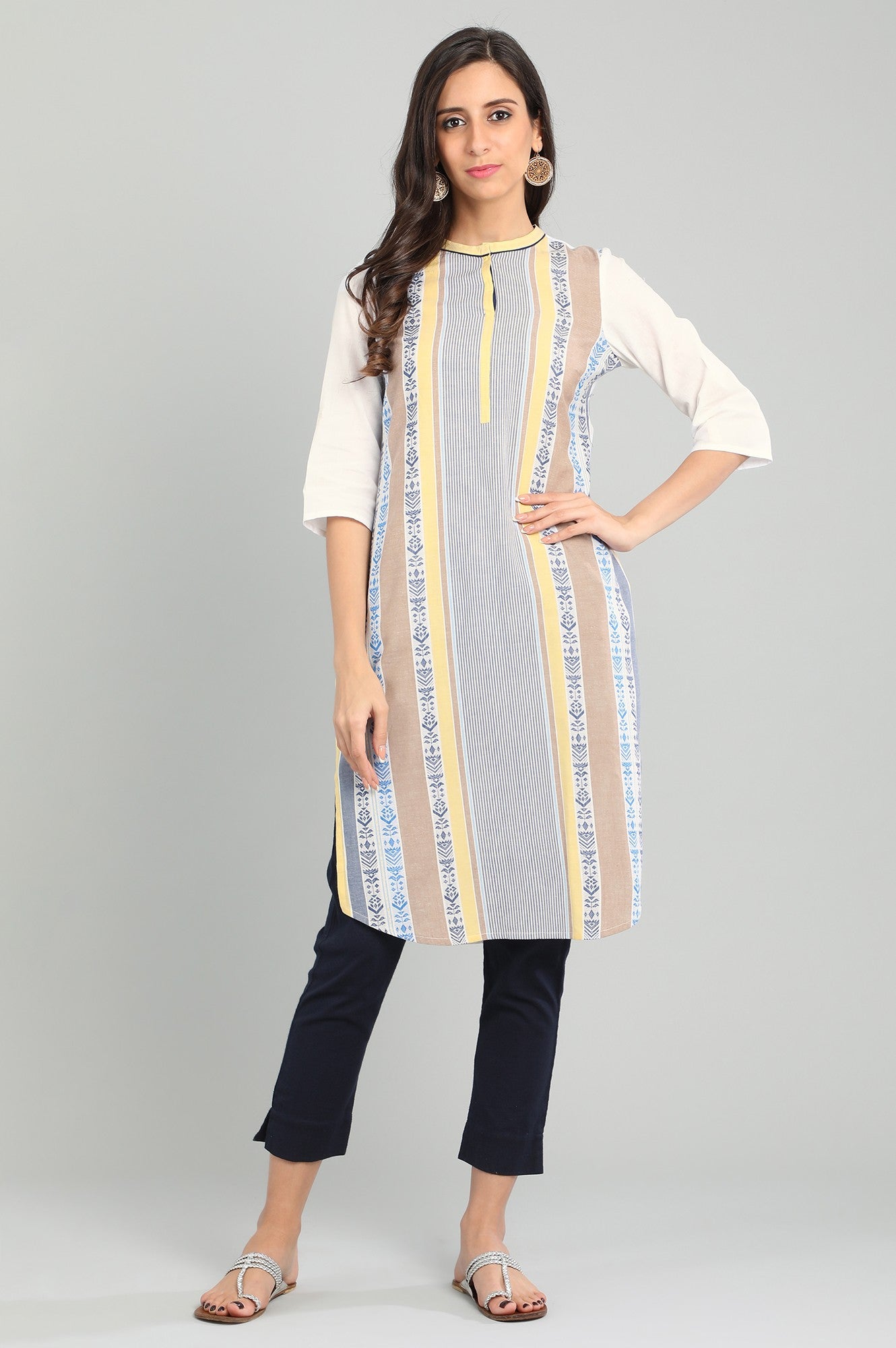 Ecru Band Collar Yarn-dyed kurta