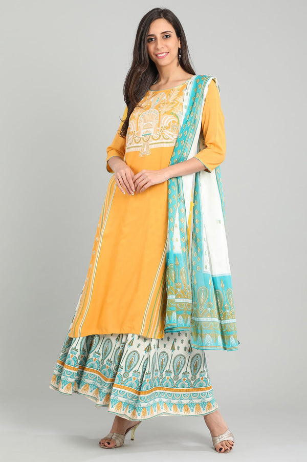 Yellow Round Neck Printed kurta