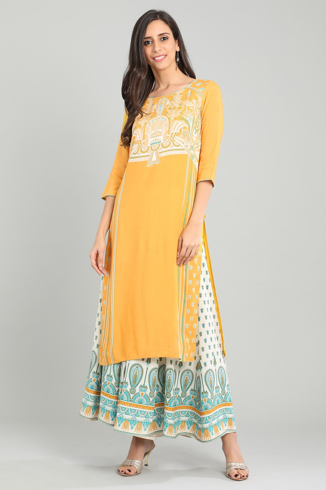 Yellow Round Neck Printed kurta