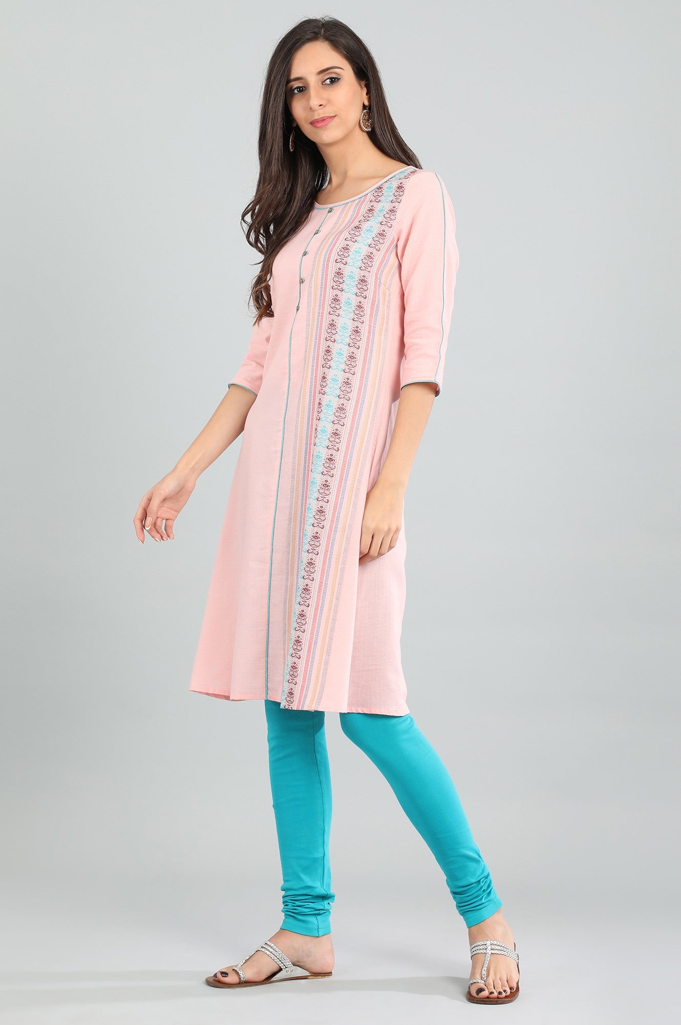 Pink Round Neck Yarn-dyed kurta