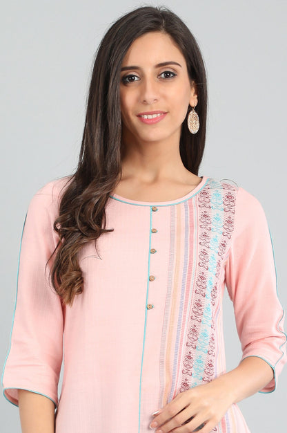 Pink Round Neck Yarn-dyed kurta