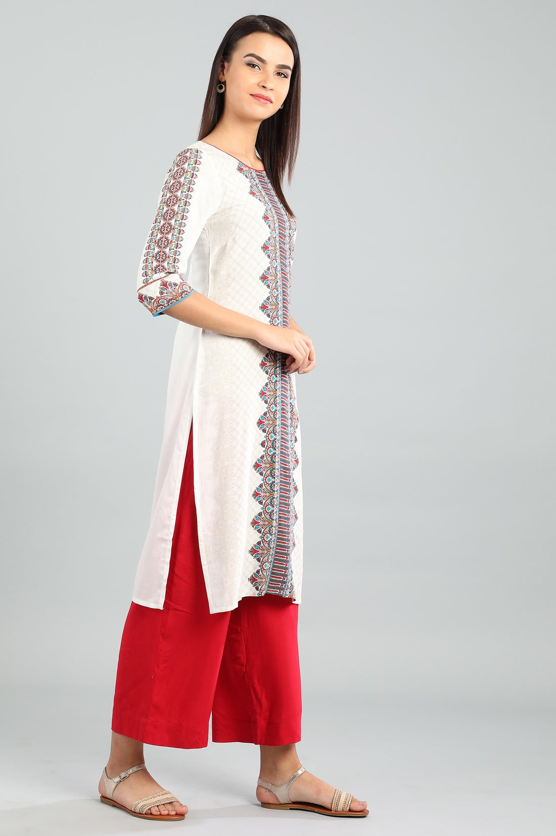 White Round Neck Printed kurta