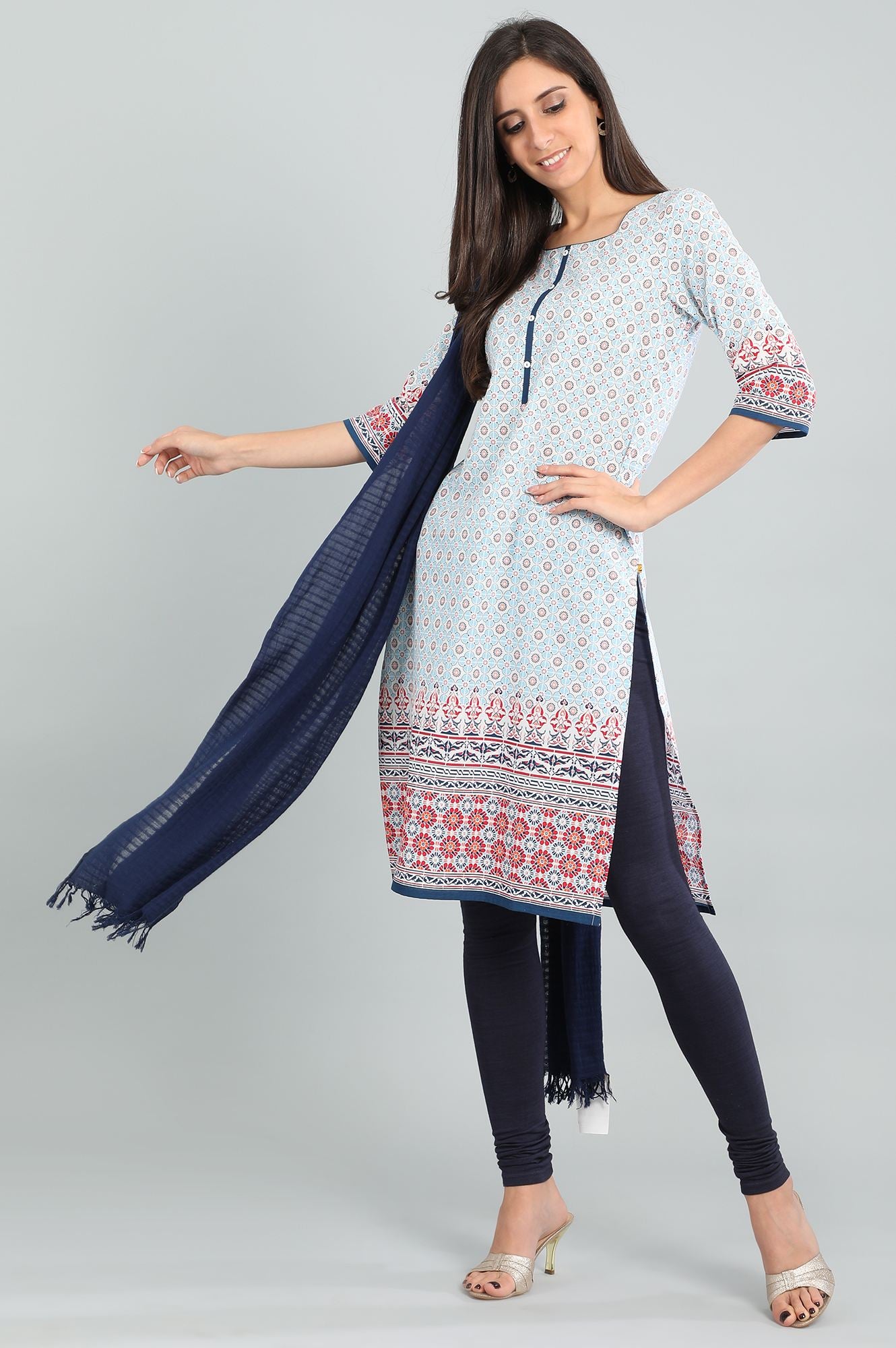 Blue Round Neck Printed kurta