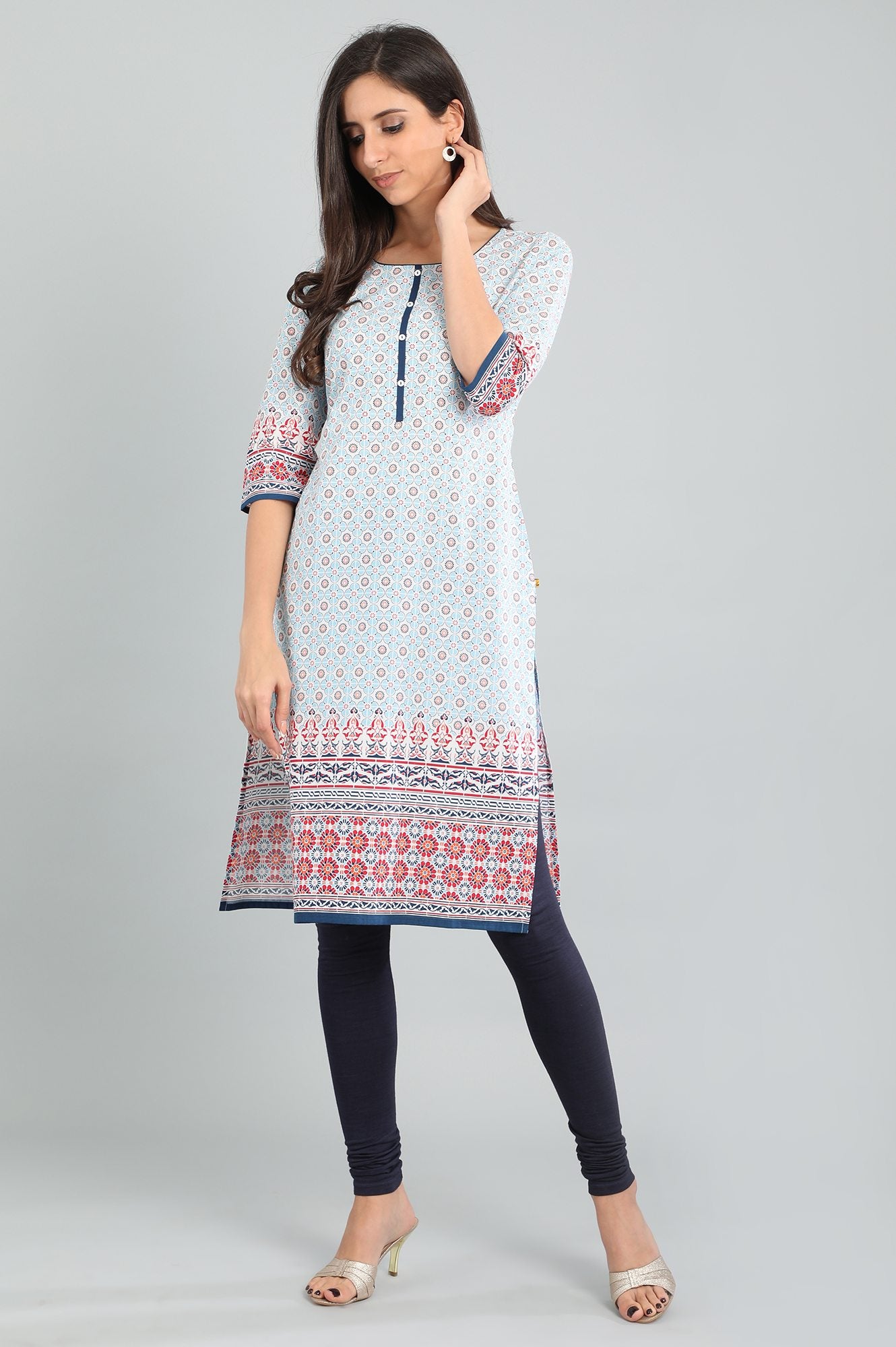 Blue Round Neck Printed kurta