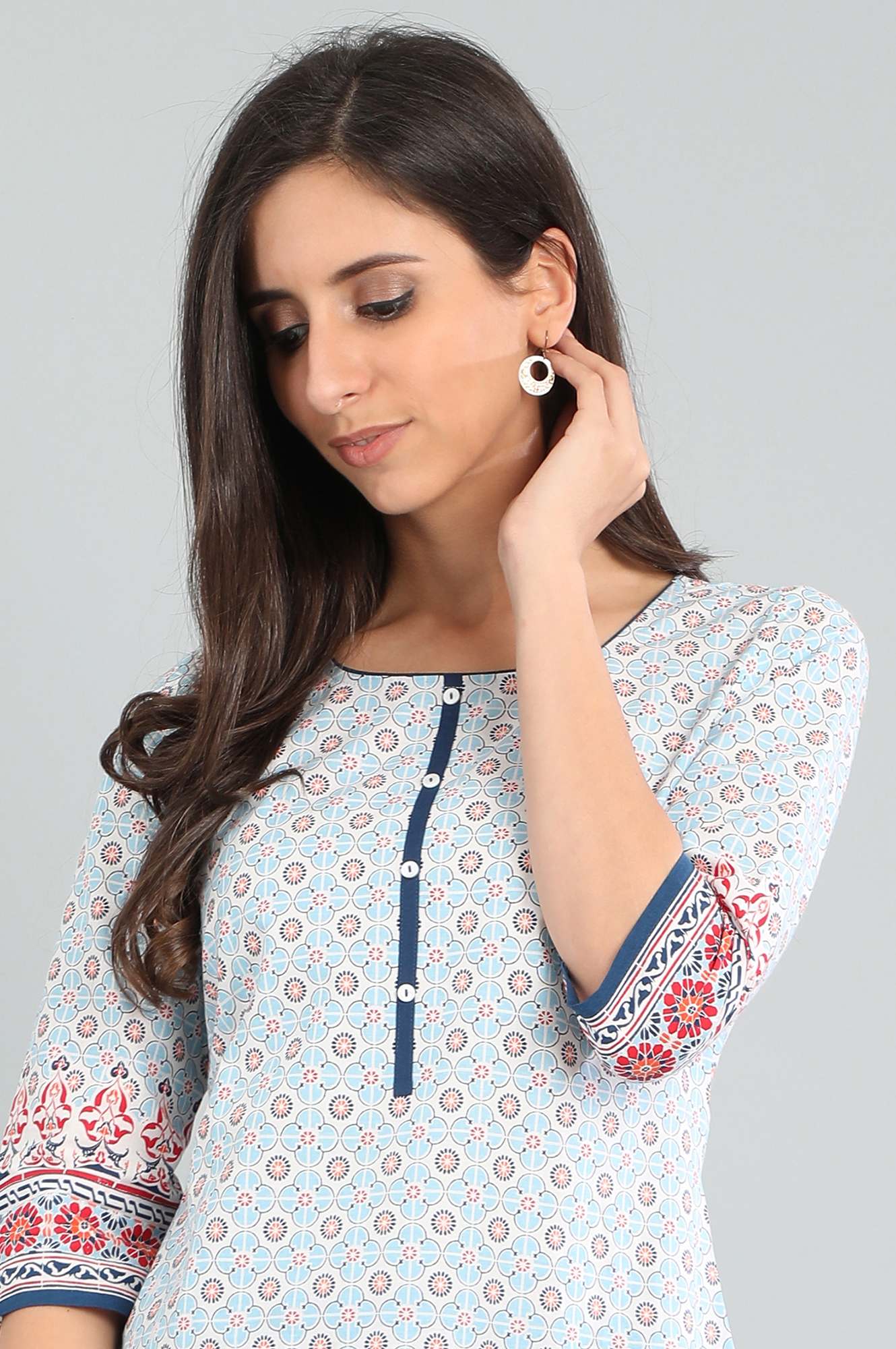 Blue Round Neck Printed kurta