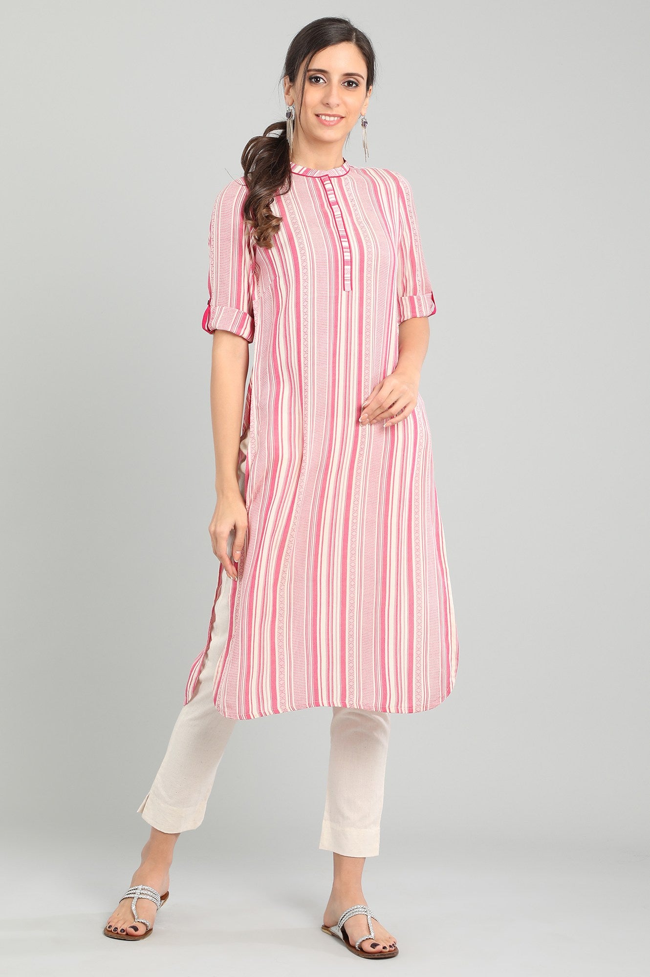 Pink Band Collar Yarn-dyed kurta