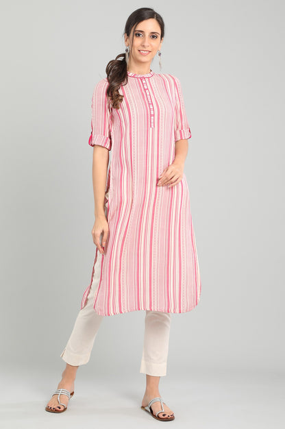 Pink Band Collar Yarn-dyed kurta