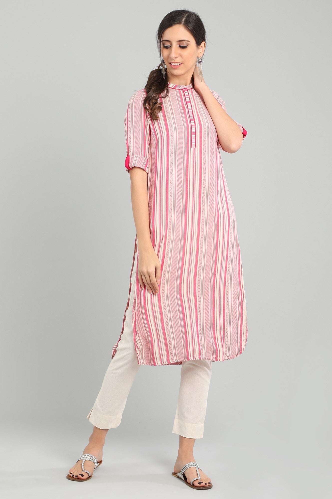 Pink Band Collar Yarn-dyed kurta