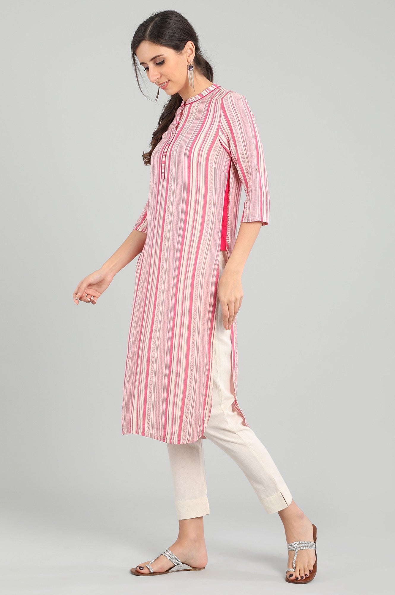 Pink Band Collar Yarn-dyed kurta