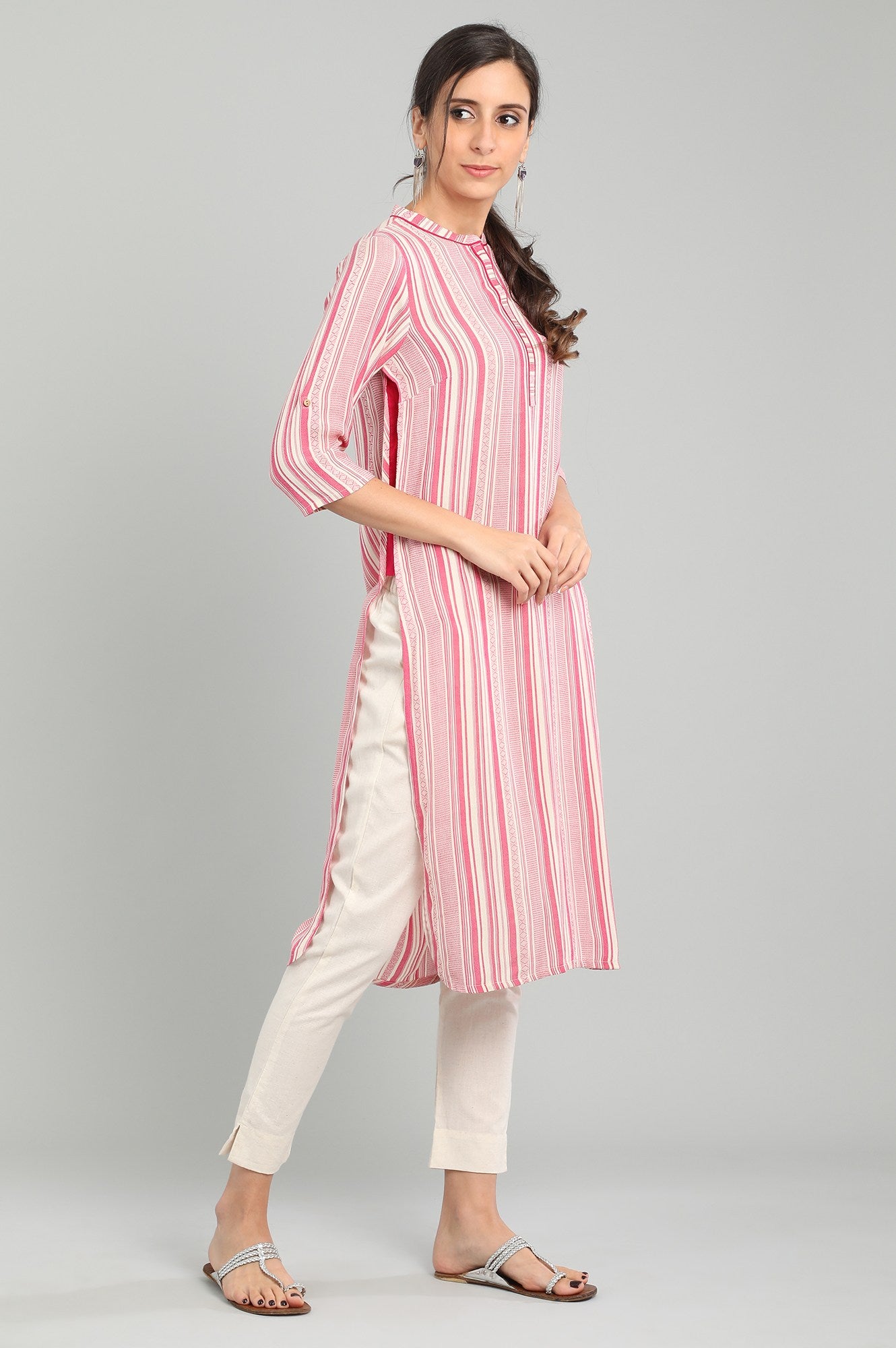 Pink Band Collar Yarn-dyed kurta