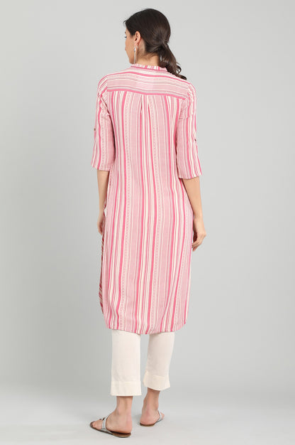 Pink Band Collar Yarn-dyed kurta