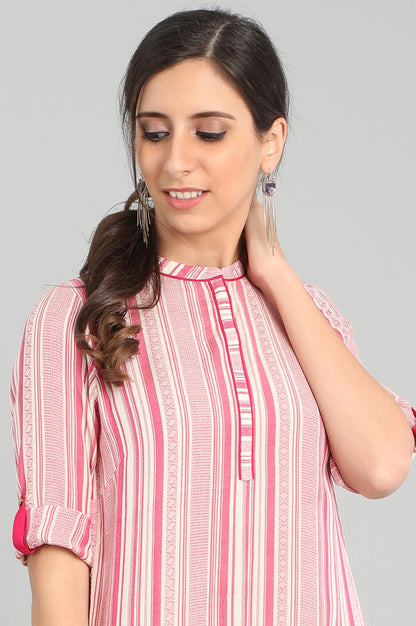 Pink Band Collar Yarn-dyed kurta