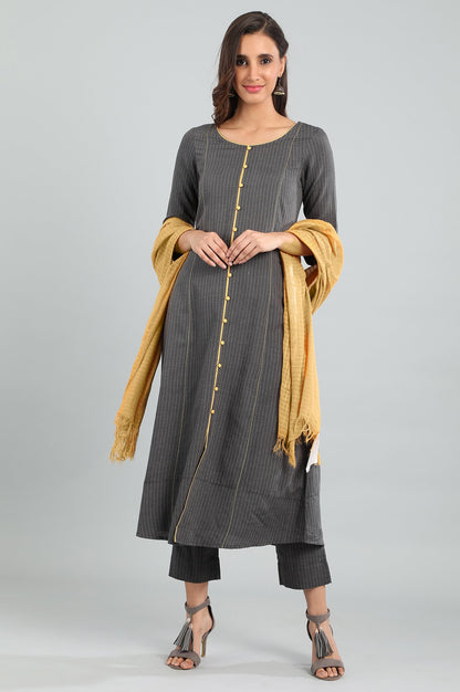 Grey Round Neck Yarn-dyed kurta