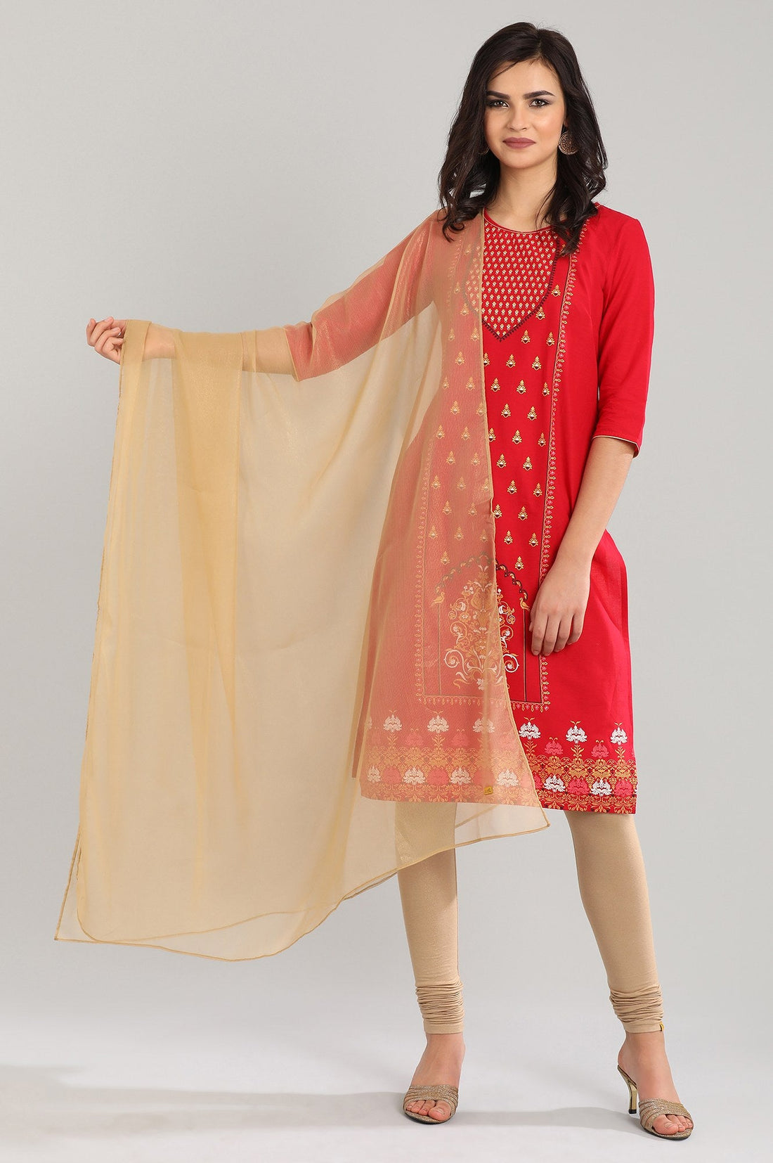 Gold Solid Ethnic Printed Woven Dupatta