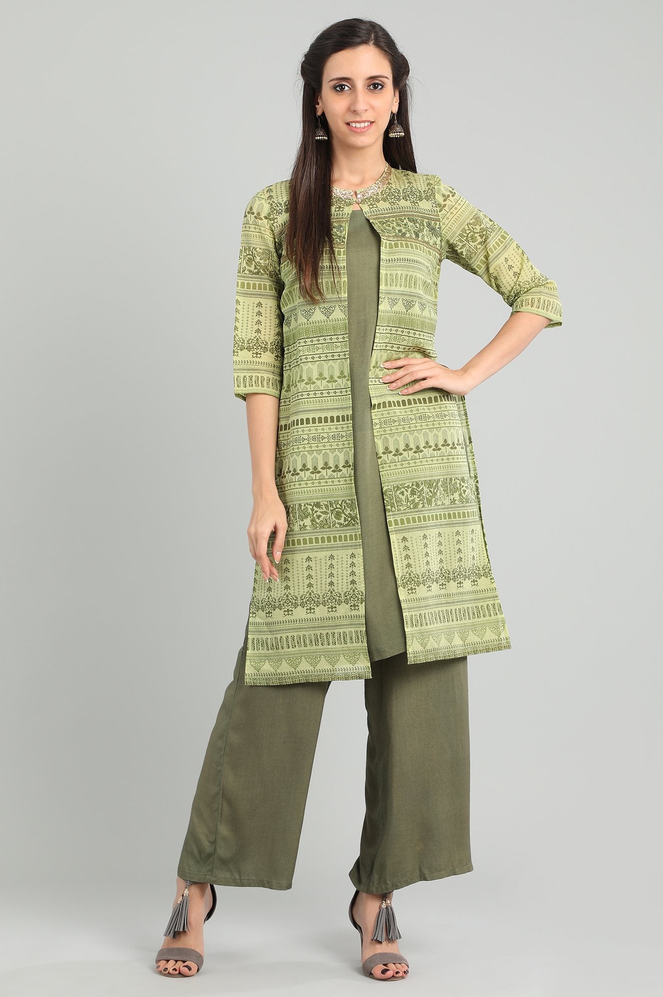 Green Round Neck Printed kurta Set