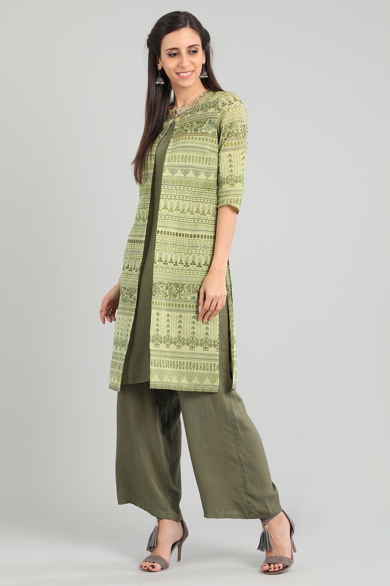 Green Round Neck Printed kurta Set