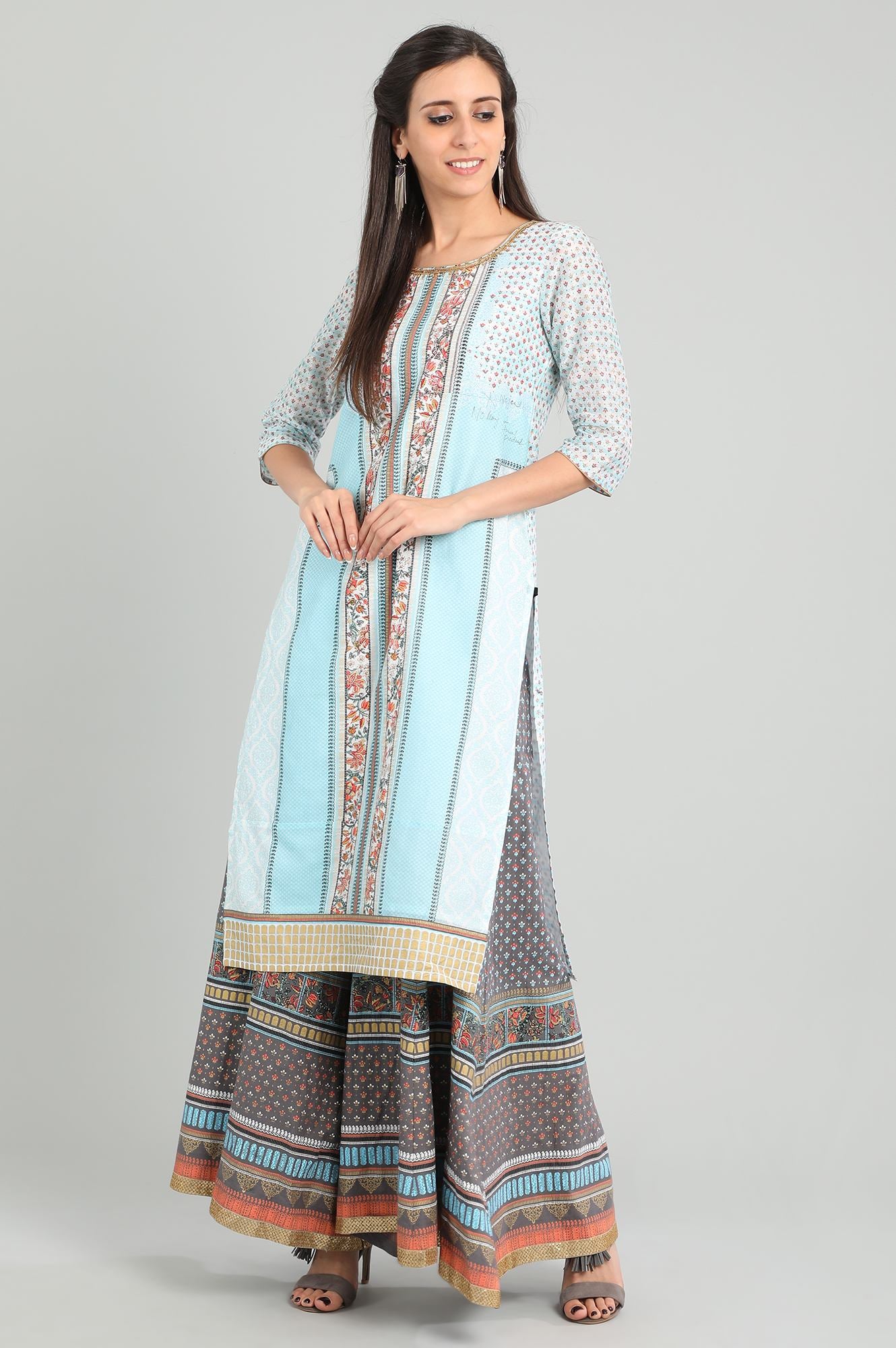 Blue Round Neck Printed kurta Set