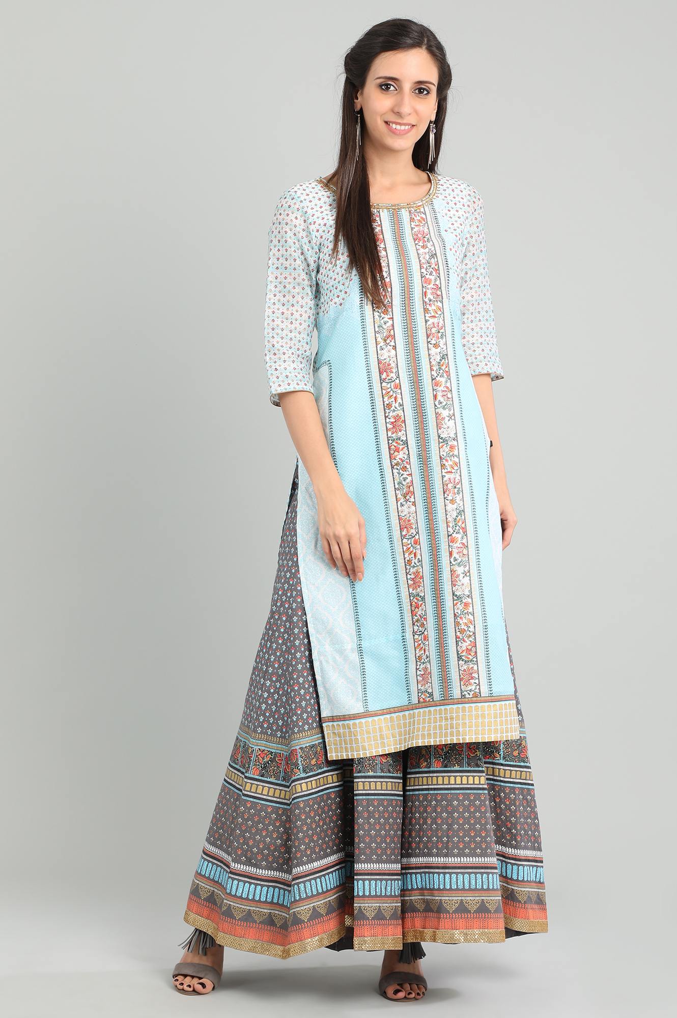 Blue Round Neck Printed kurta Set