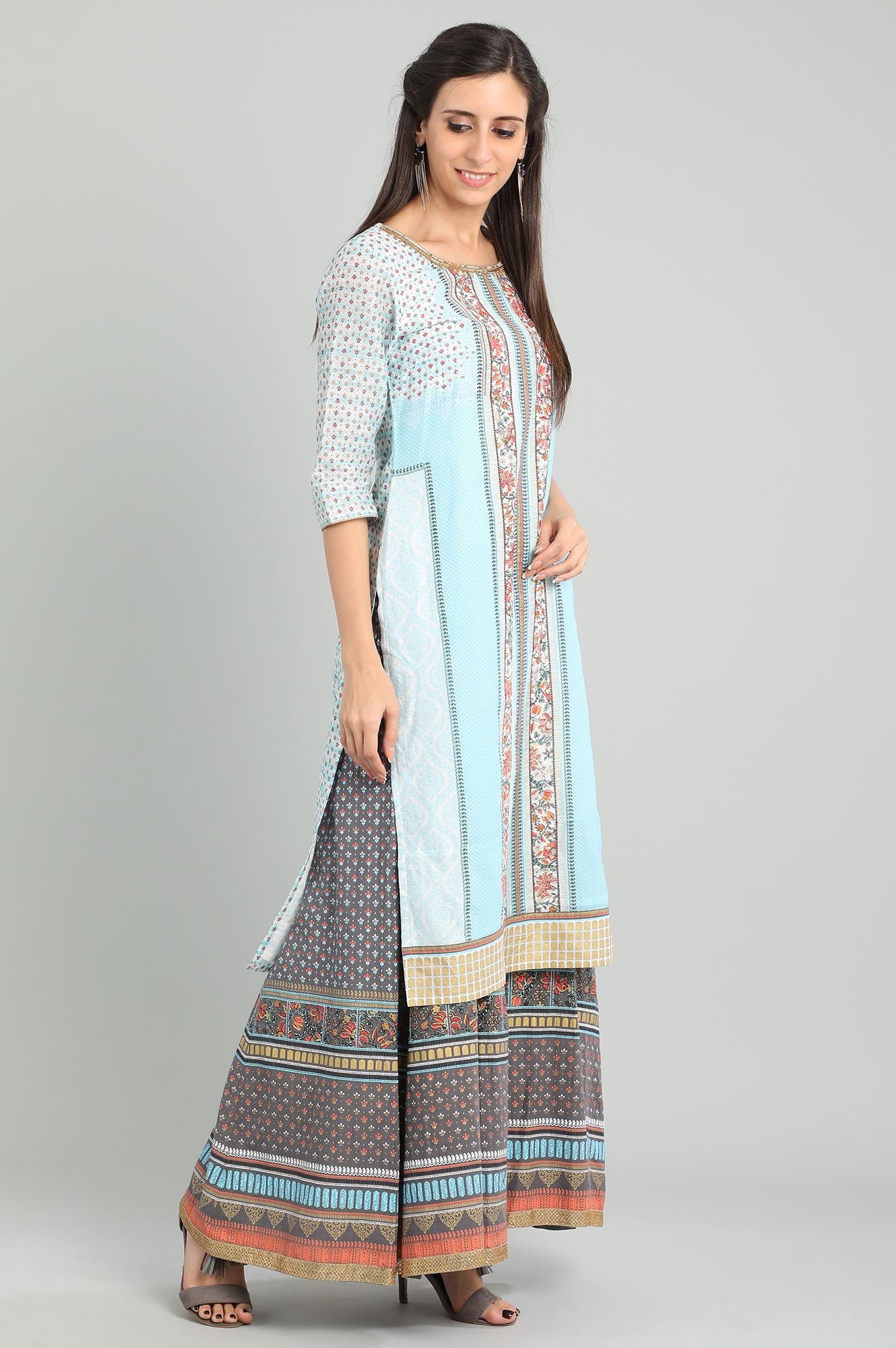 Blue Round Neck Printed kurta Set