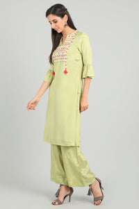 Green Band Collar Tasselled kurta Set
