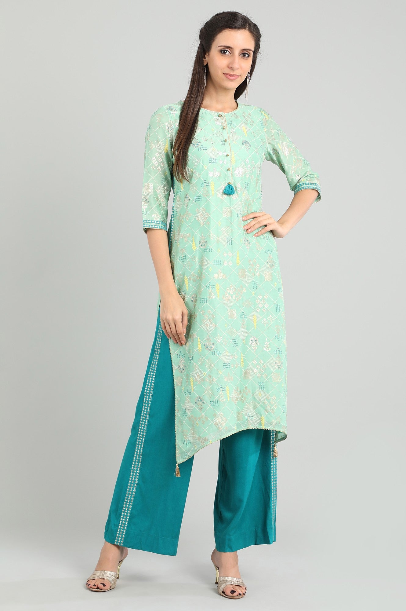 Green Round Neck Chanderi kurta Set