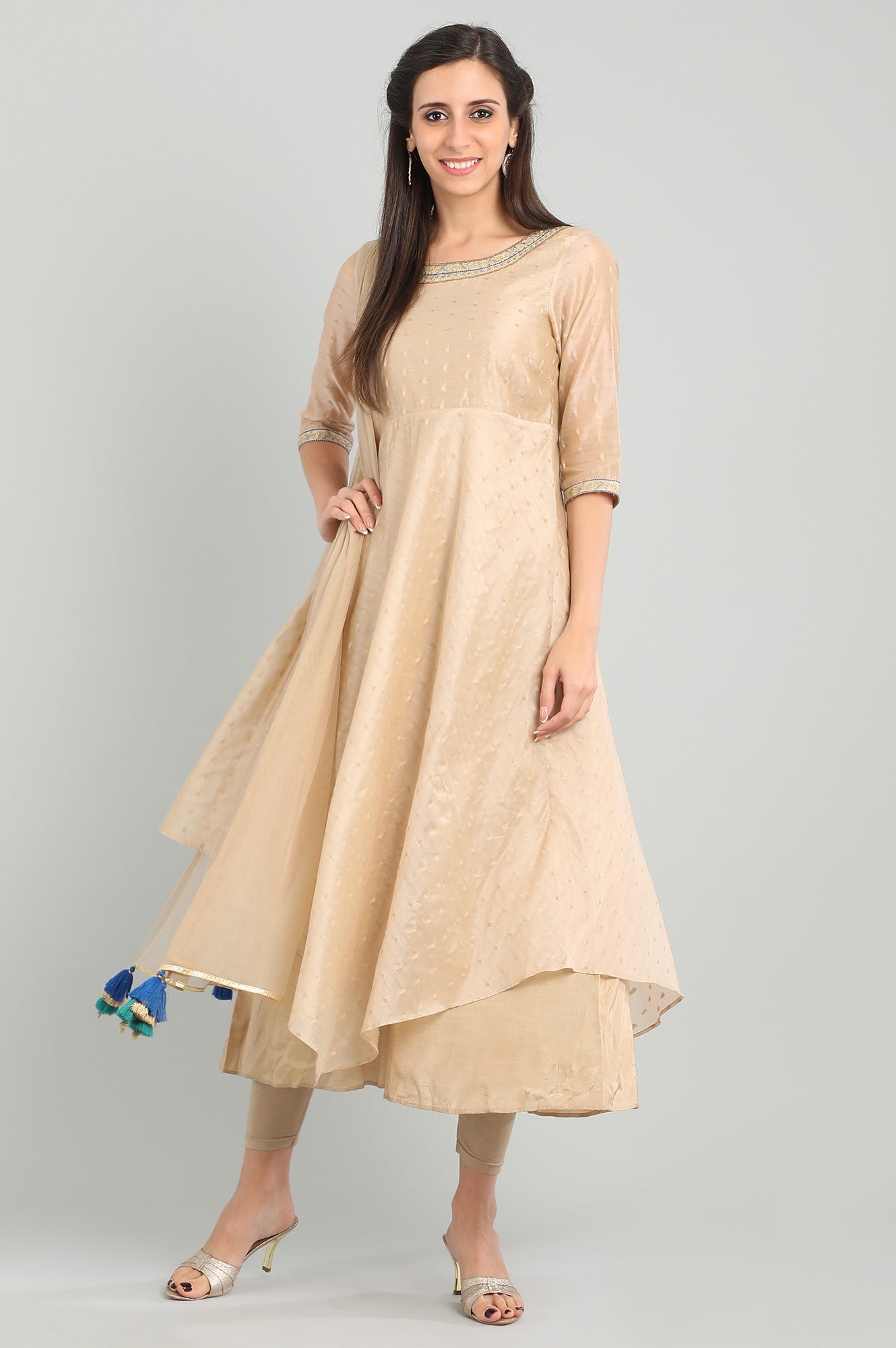 Beige Round Neck Layered kurta Set