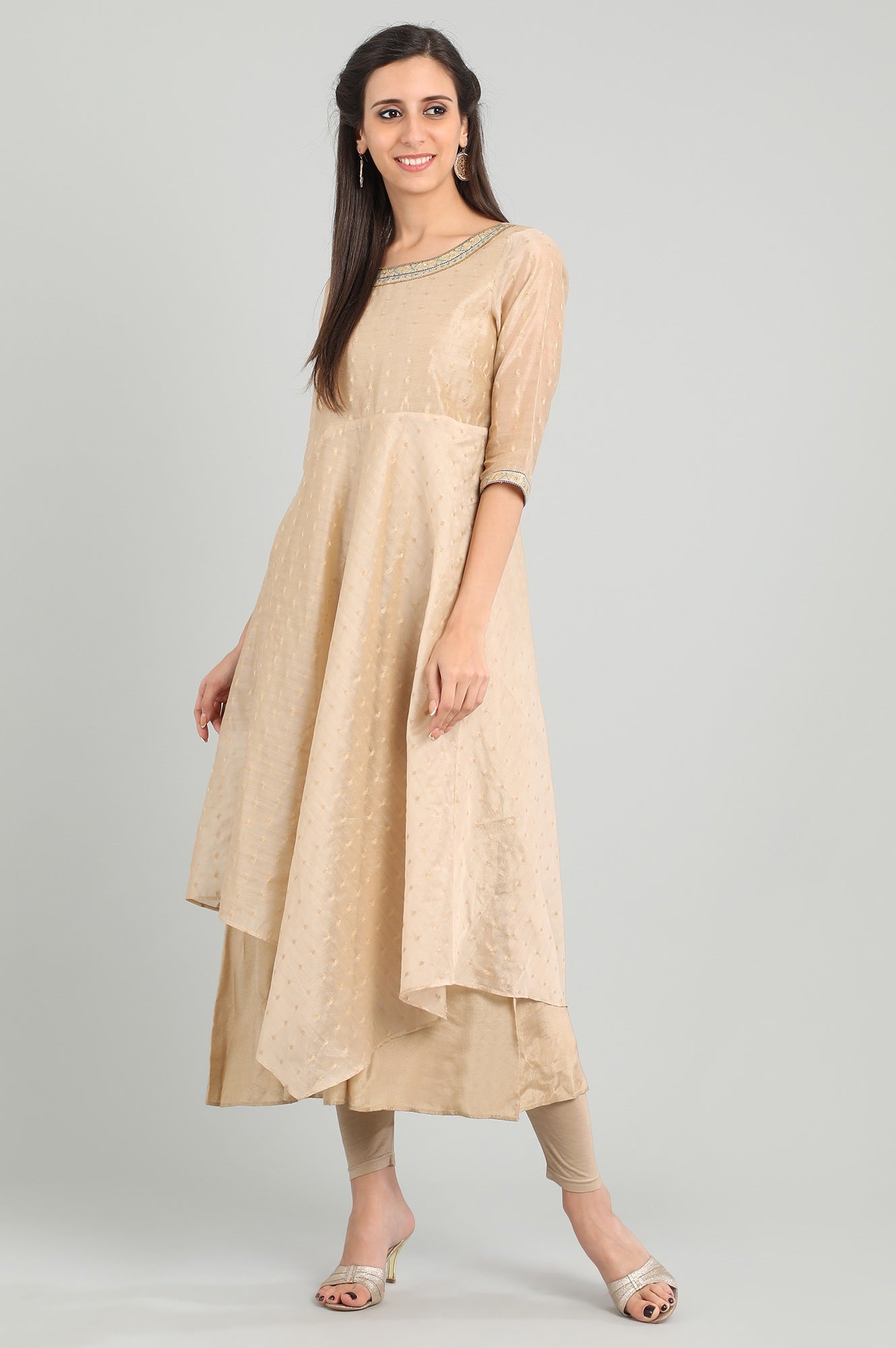 Beige Round Neck Layered kurta Set