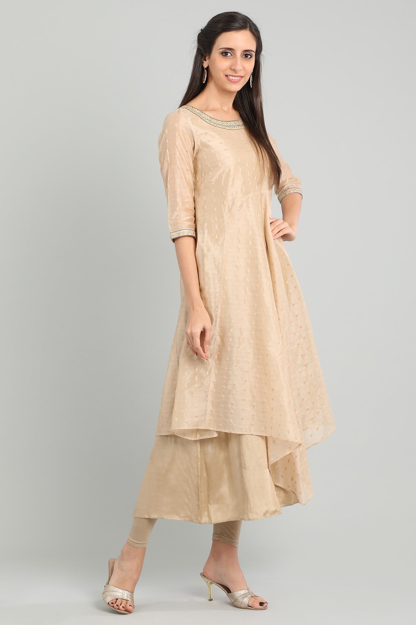 Beige Round Neck Layered kurta Set