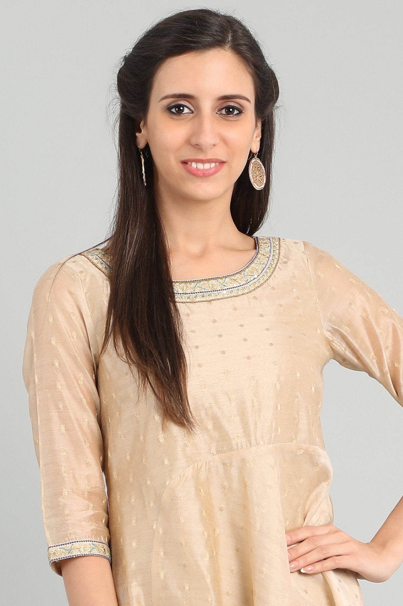 Beige Round Neck Layered kurta Set