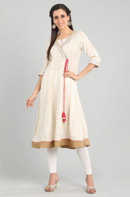 Cream Round Neck Angrakha kurta Set