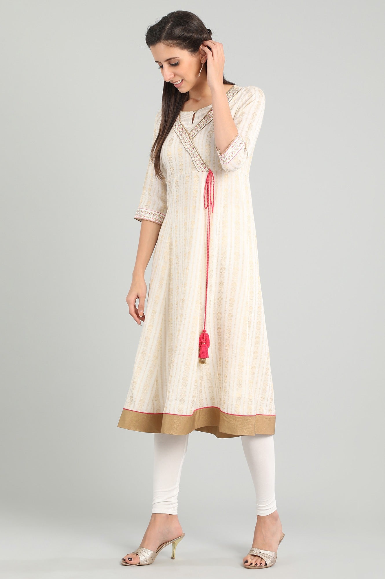 Cream Round Neck Angrakha kurta Set