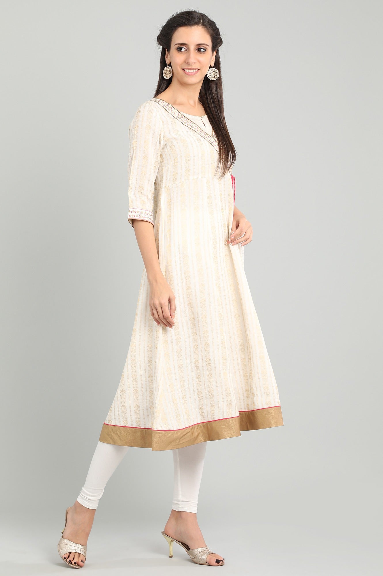 Cream Round Neck Angrakha kurta Set