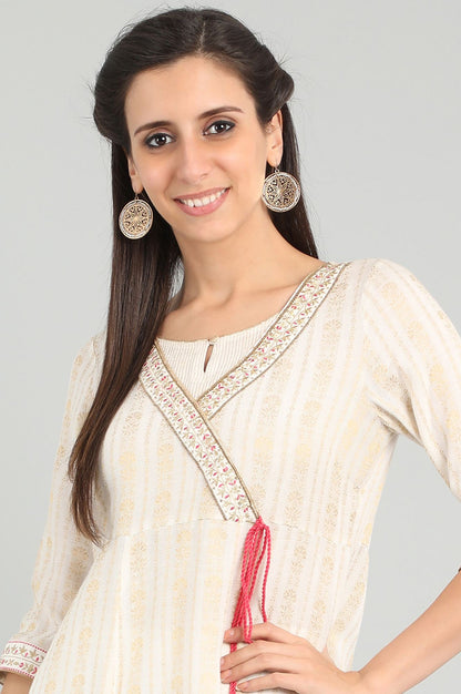 Cream Round Neck Angrakha kurta Set