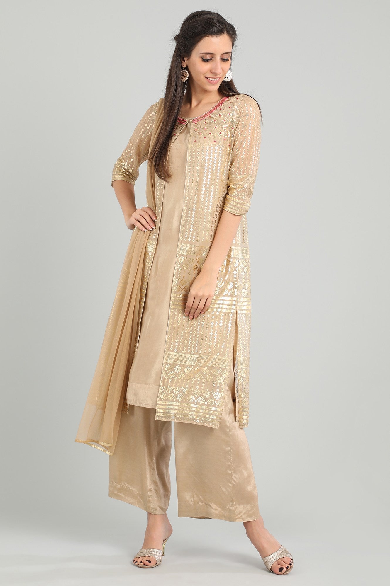 Beige Round Neck Layered kurta Set