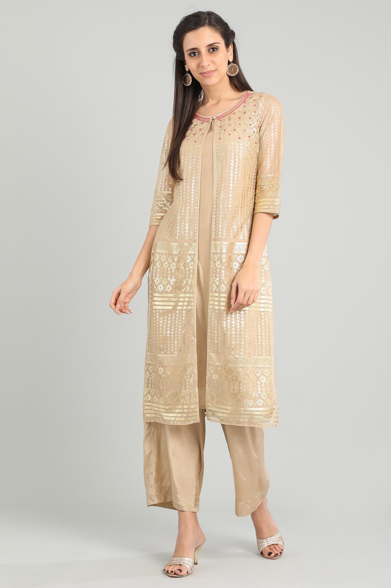 Beige Round Neck Layered kurta Set