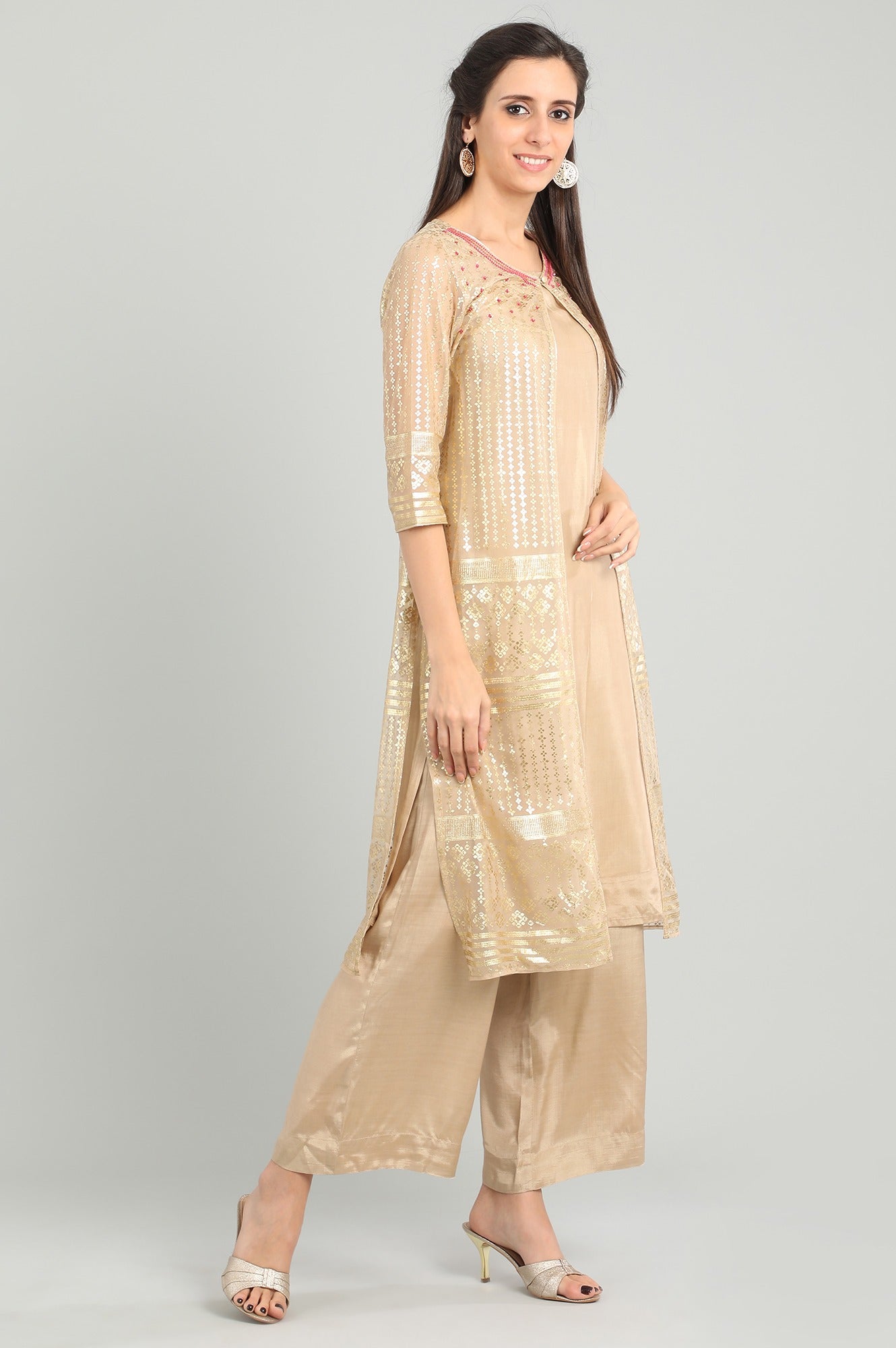 Beige Round Neck Layered kurta Set