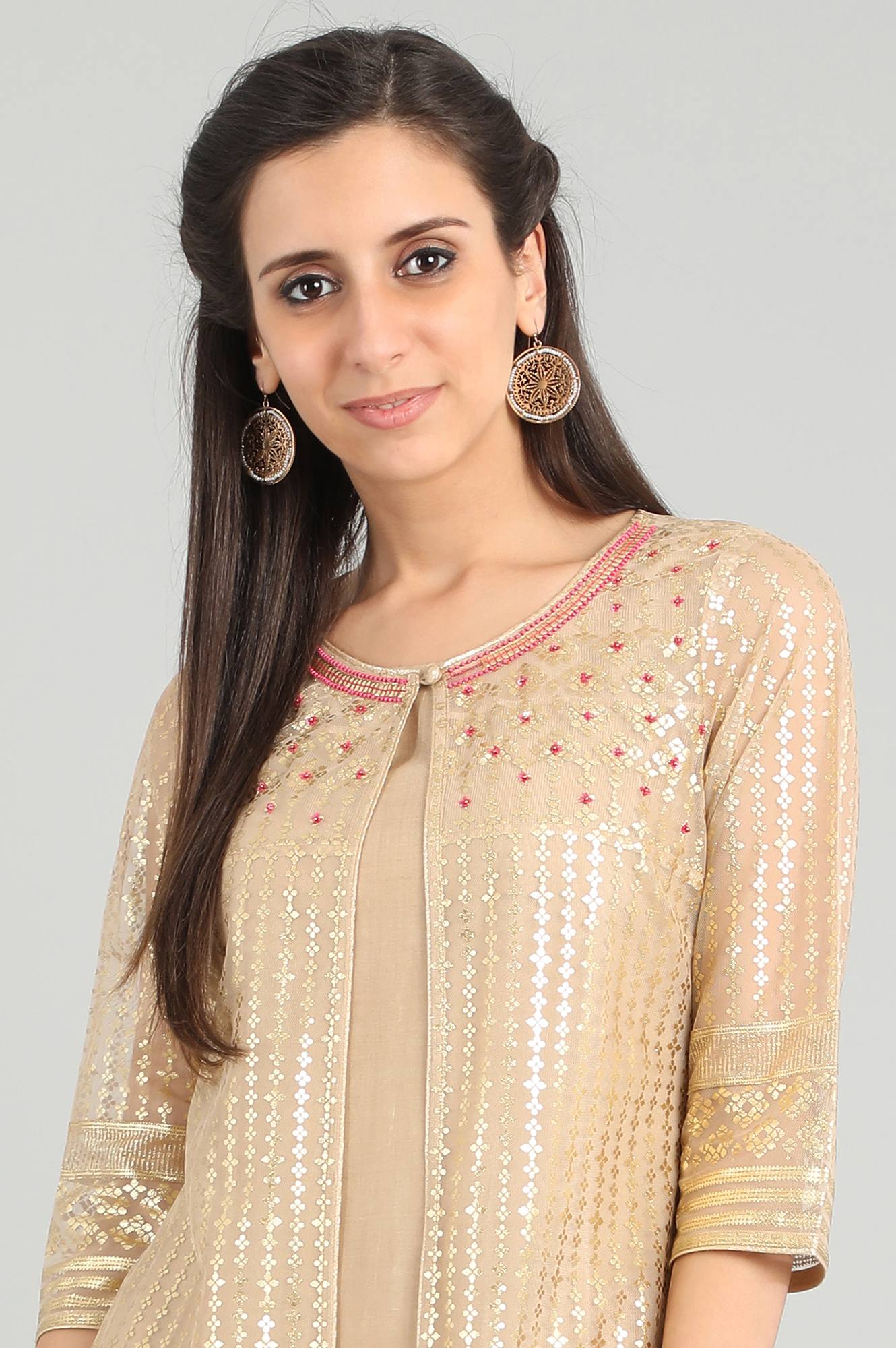 Beige Round Neck Layered kurta Set