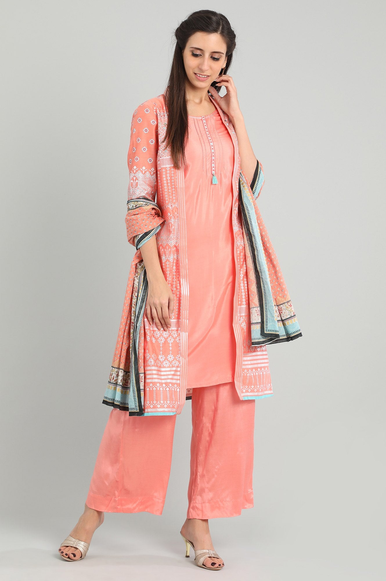 Peach Round Neck Chanderi kurta Set