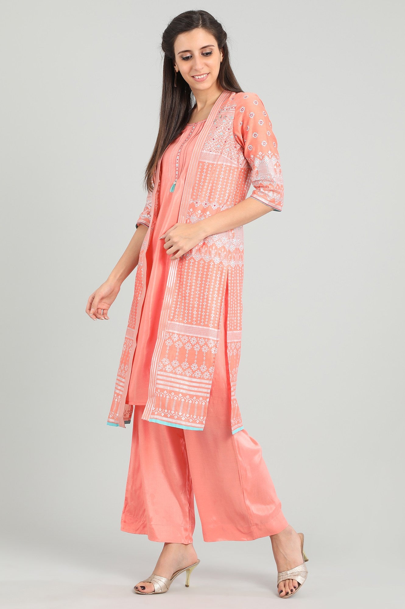 Peach Round Neck Chanderi kurta Set