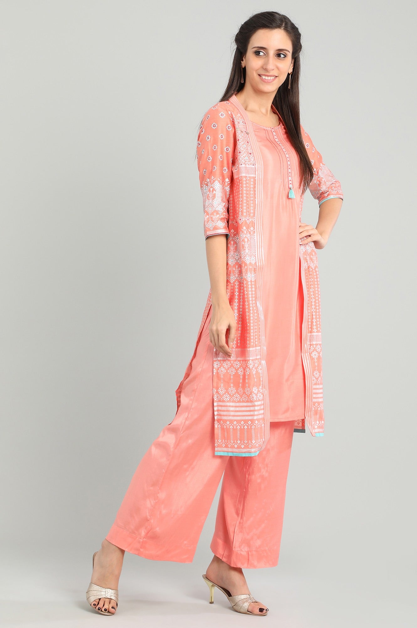 Peach Round Neck Chanderi kurta Set