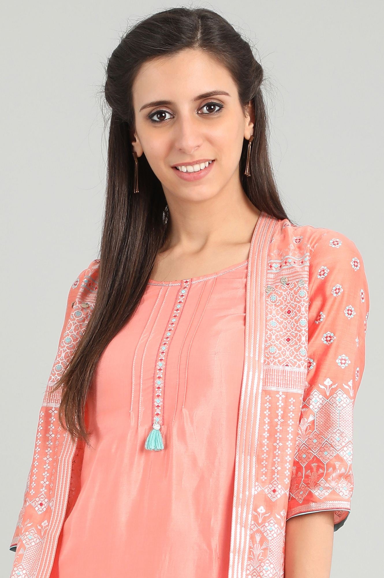 Peach Round Neck Chanderi kurta Set