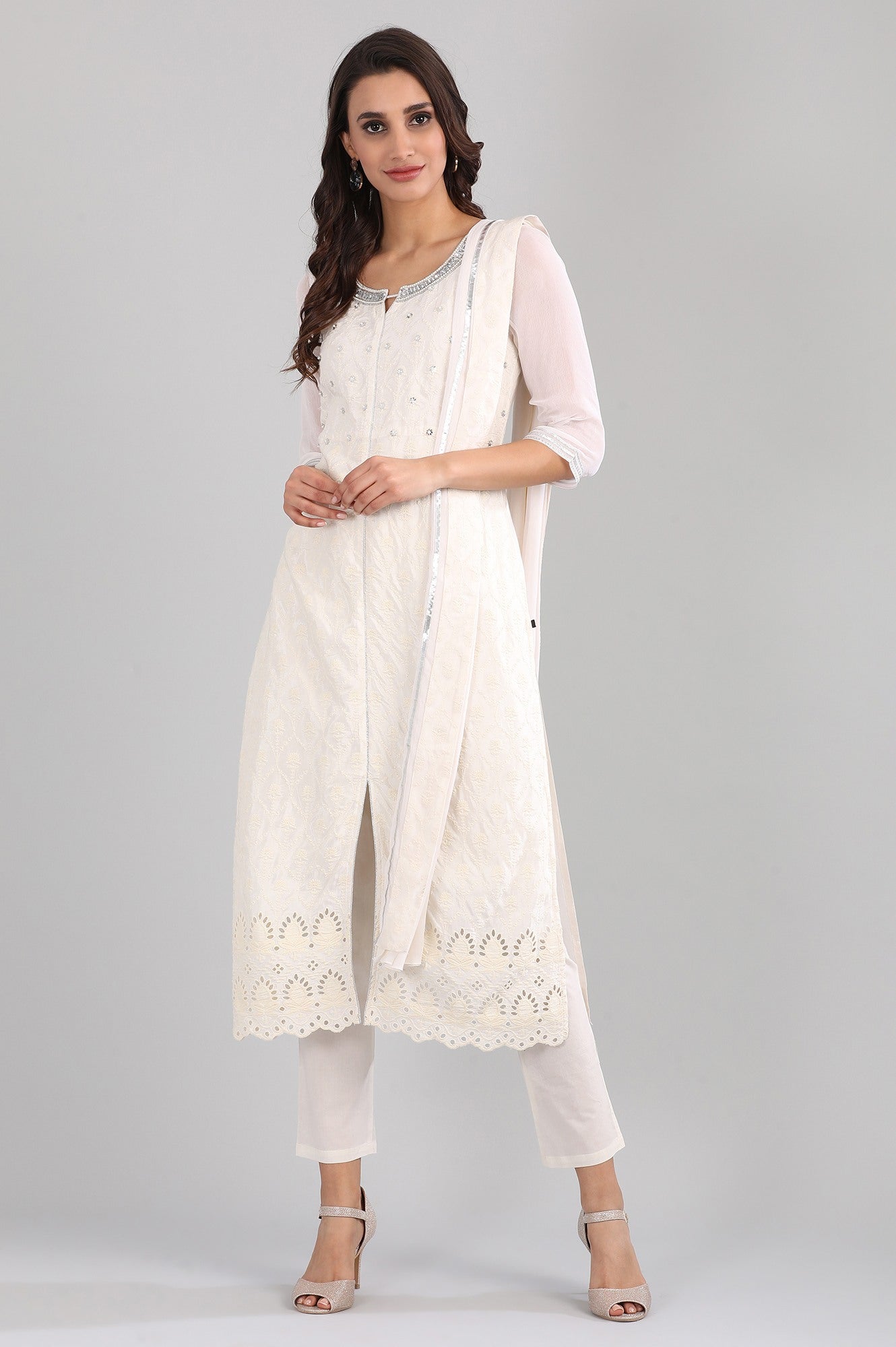 White Round Neck Embellished kurta Set