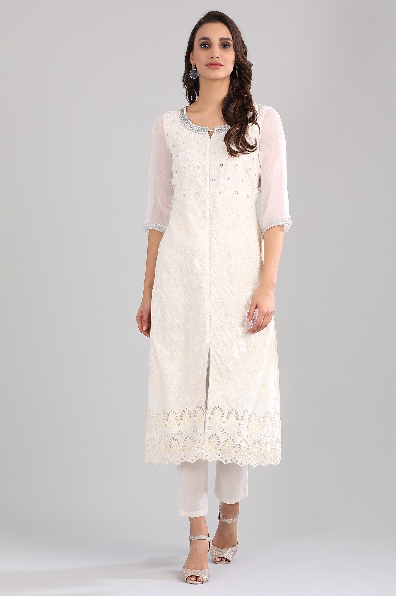 White Round Neck Embellished kurta Set