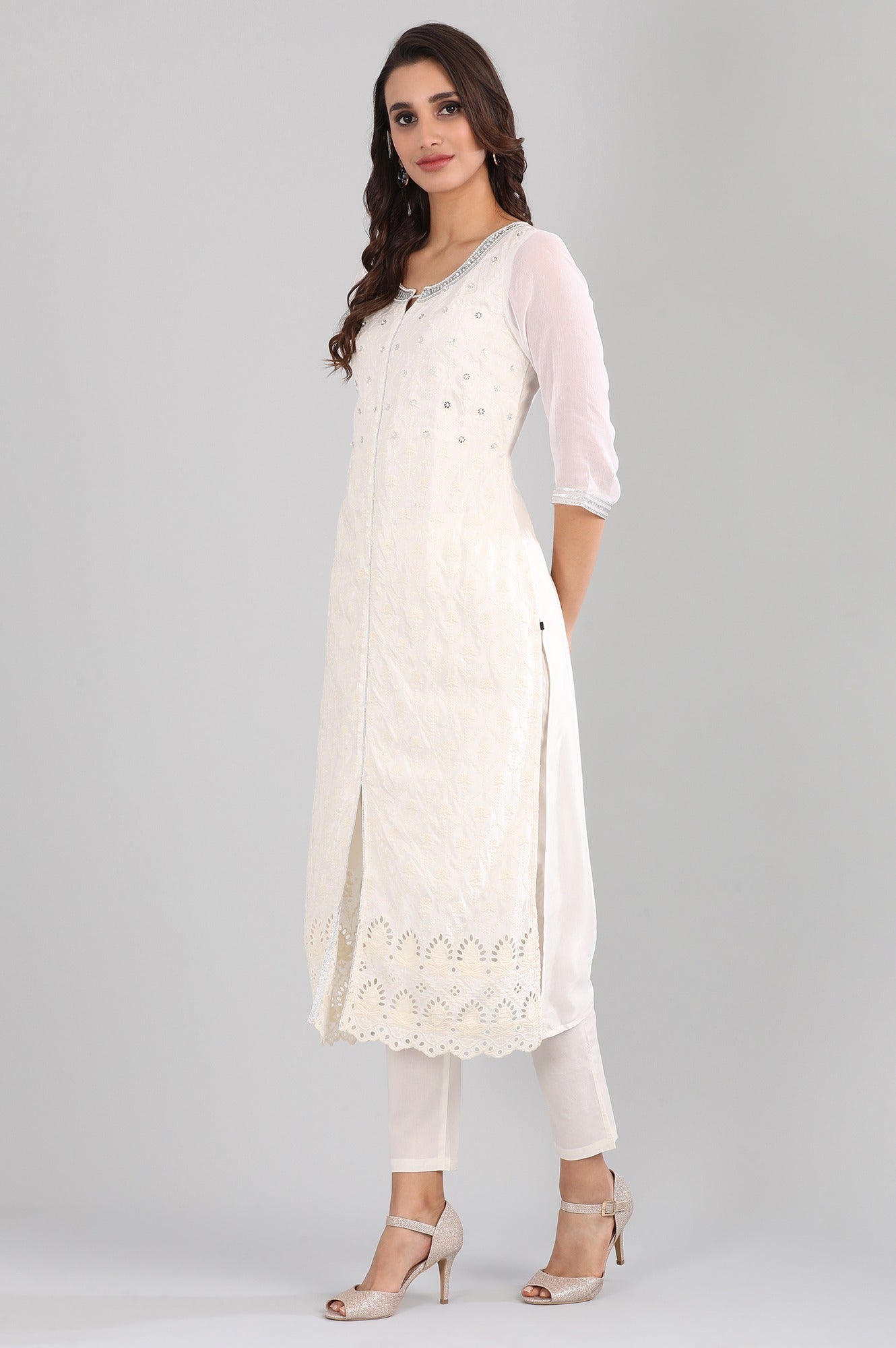 White Round Neck Embellished kurta Set