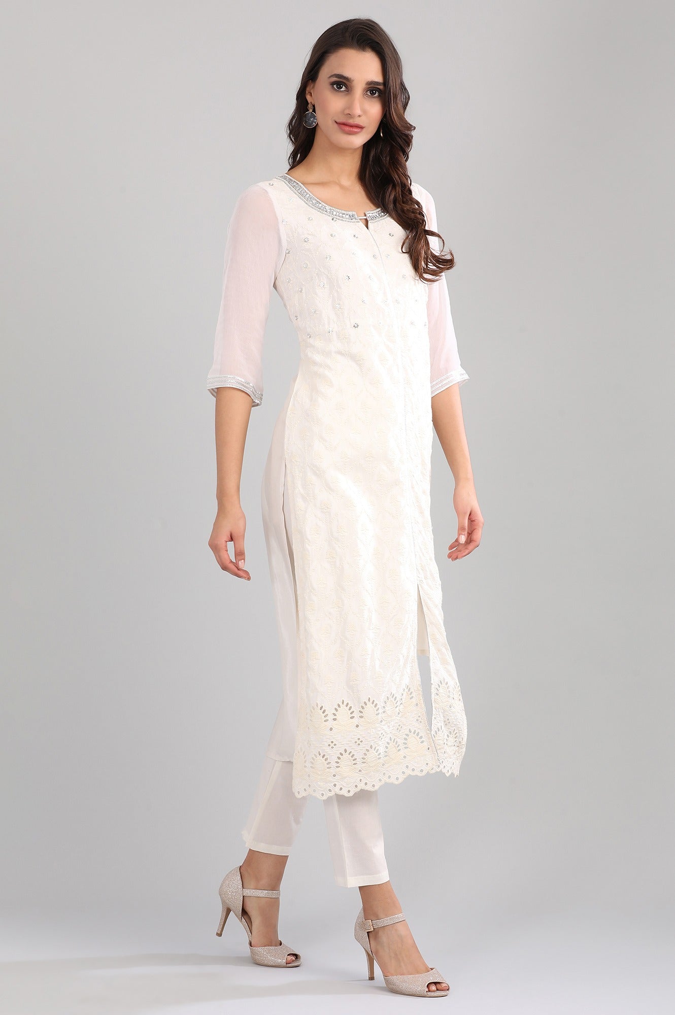 White Round Neck Embellished kurta Set