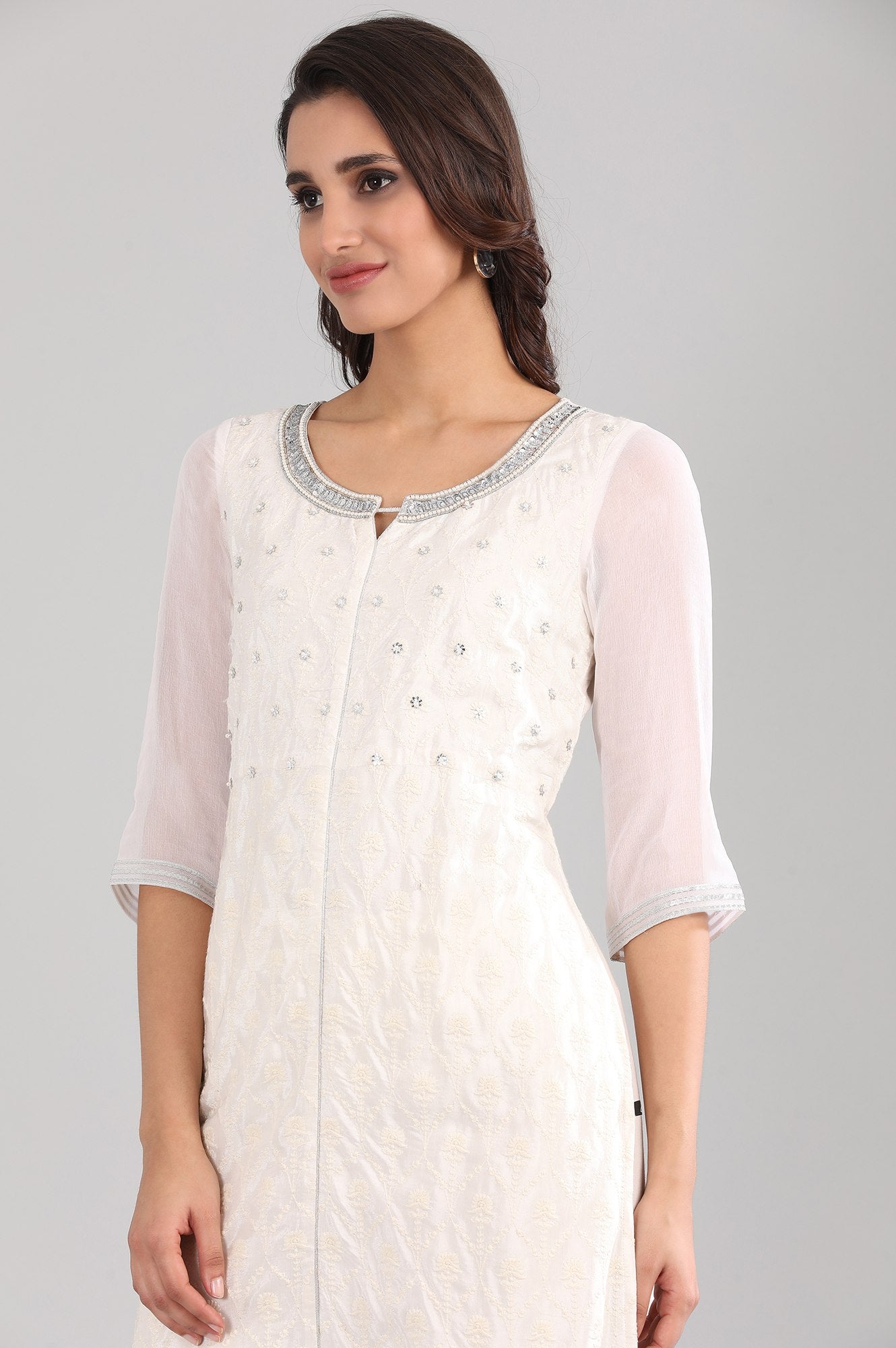 White Round Neck Embellished kurta Set