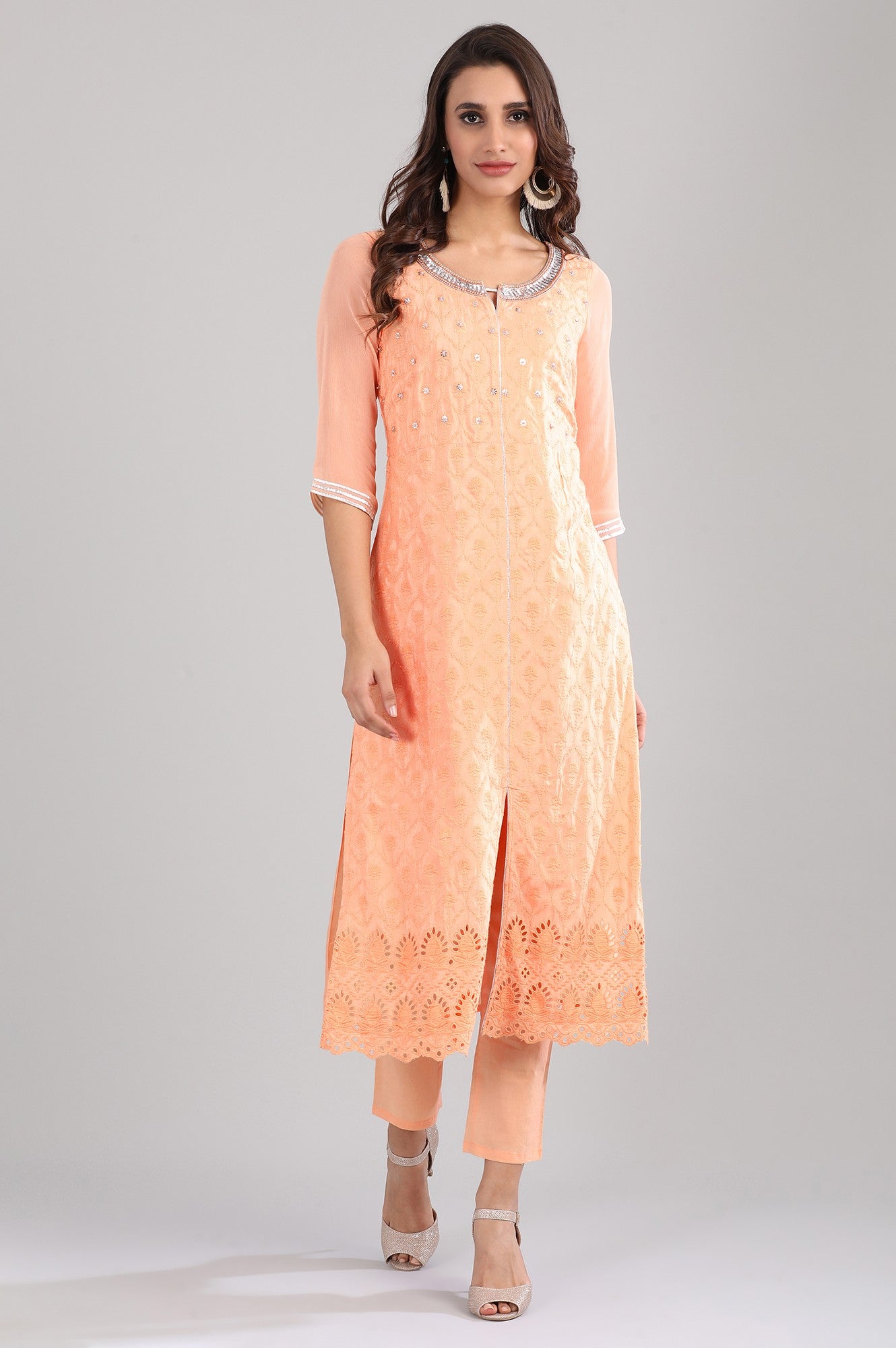 Orange Round Neck Embellished kurta Set